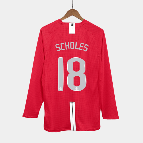 Manchester United SCHOLES #18 Home Soccer Jersey Retro 2007/08 - Long Sleeve (UCL Final)