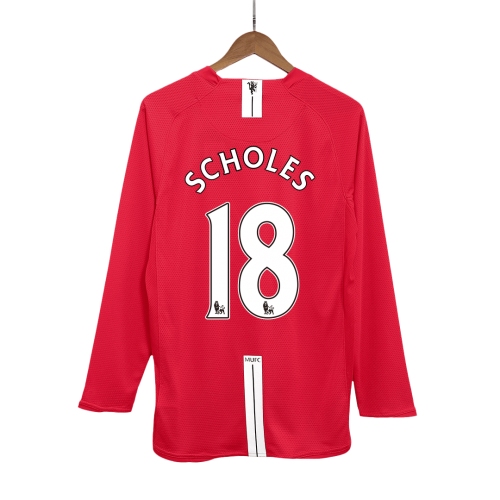 Manchester United SCHOLES #18 Home Soccer Jersey Retro 2007/08 - Long Sleeve