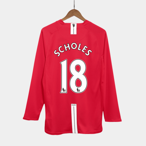 Manchester United SCHOLES #18 Home Soccer Jersey Retro 2007/08 - Long Sleeve