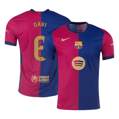 Barcelona GAVI #6 Home Soccer Jersey Authentic- Spotify Logo Without Text