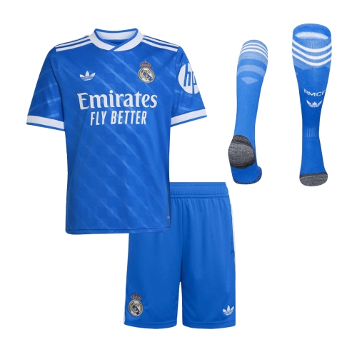 Kids Real Madrid Third Away Soccer Jersey Kit(Jersey+Shorts+Socks)  25/26 Blue